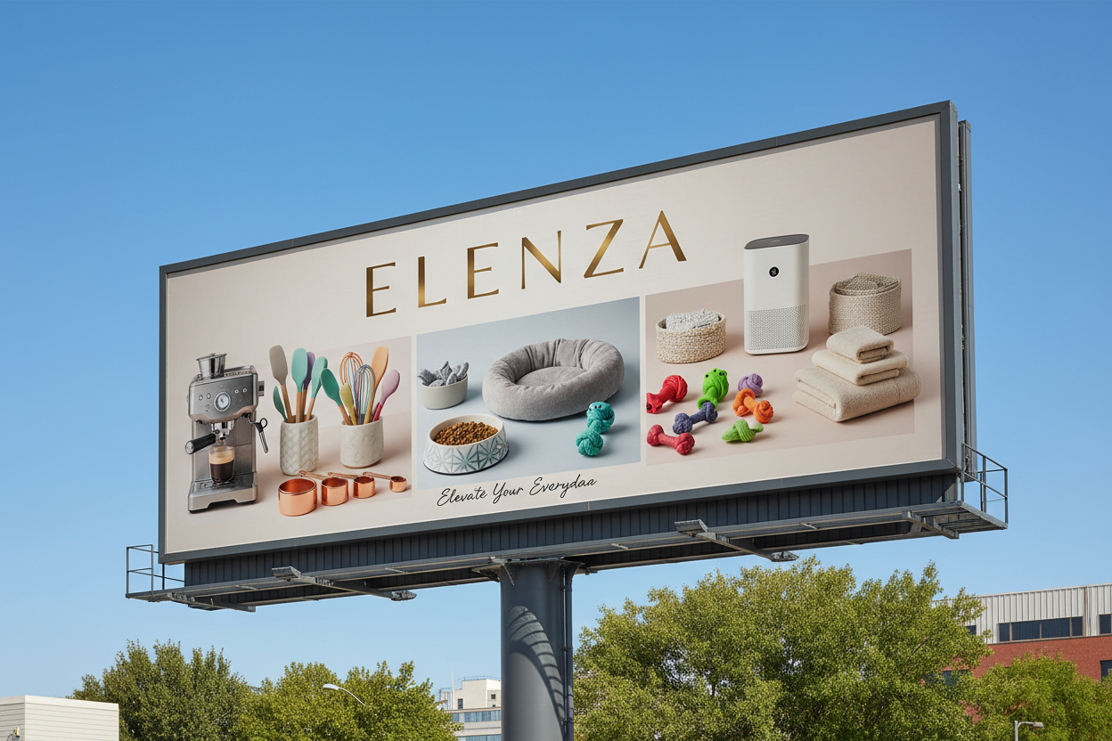 fais moi une photo d'un panneau publicitaire avec ELENZA et une photo de fond improvise qqchose en lien avec ma boutique des produits du quotidien gadget pour animaux gadget  de cuisine etc