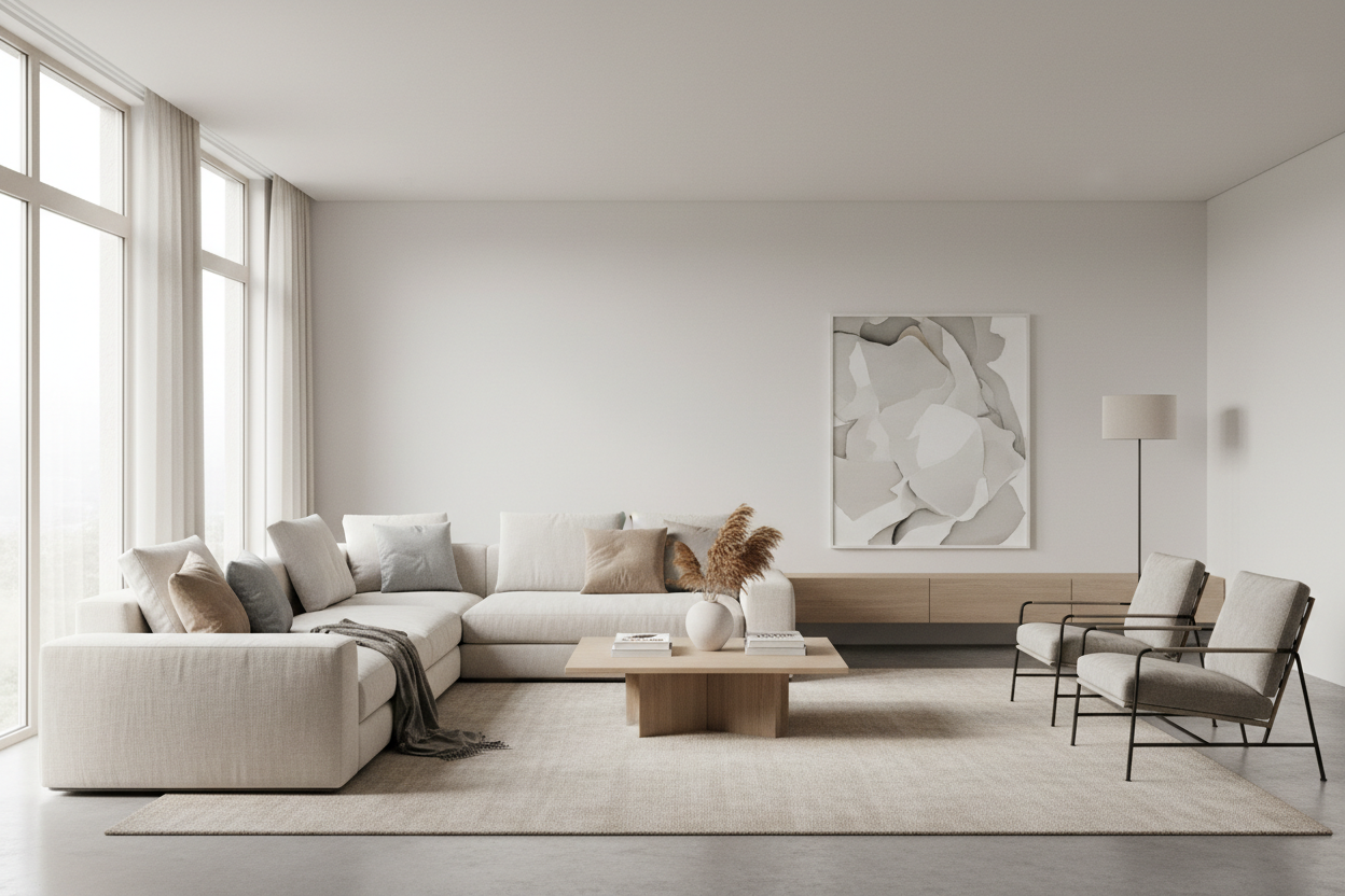 Image d’un canapé dans un salon ton plutôt neutre 